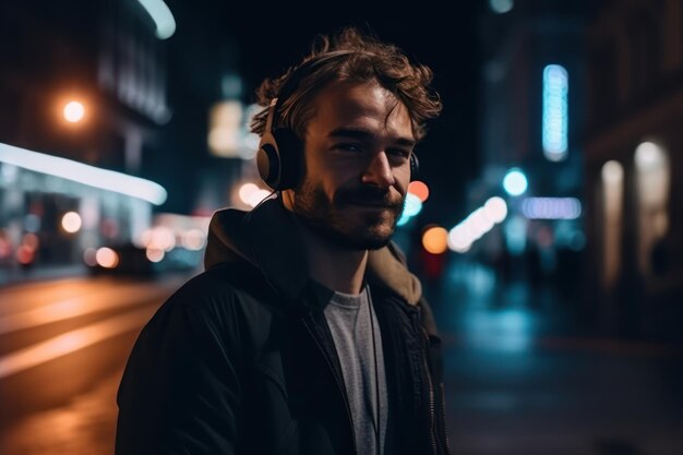 Retrato de um homem bonito usando fones de ouvido andando pela rua da cidade à noite cheia de luz neon smi
