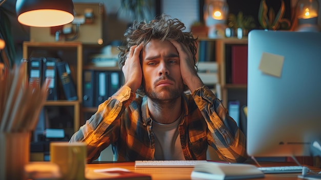 Retrato de um homem cansado sofrendo de dor de cabeça ou tensão ocular depois de longas horas de trabalho no computador à noite