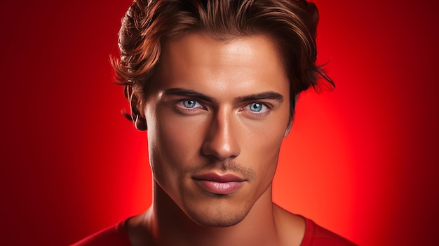 Retrato de um homem caucasiano bonito, elegante e sexy com pele perfeita em uma bandeira de fundo vermelho