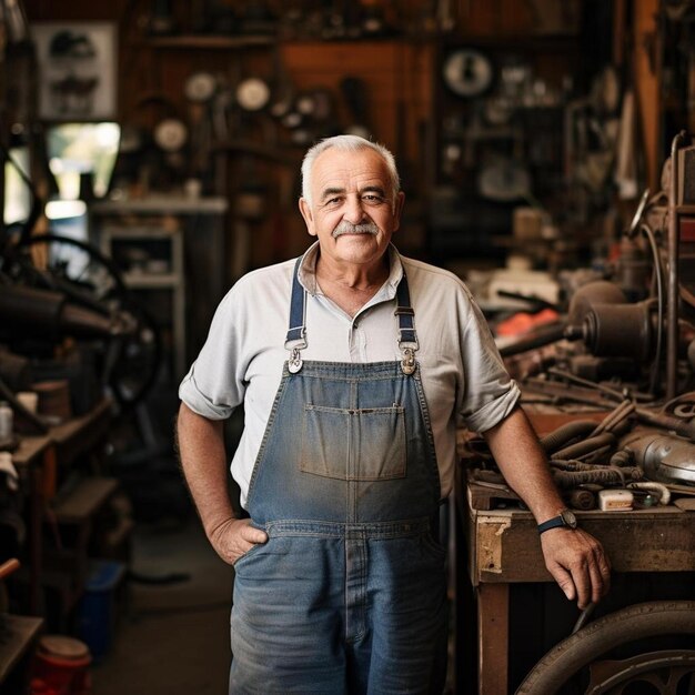 retrato de um homem caucasiano sênior proprietário de uma loja de reparação de carros antigos