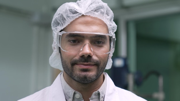 Retrato de um homem cientista de uniforme trabalhando em laboratório curativo