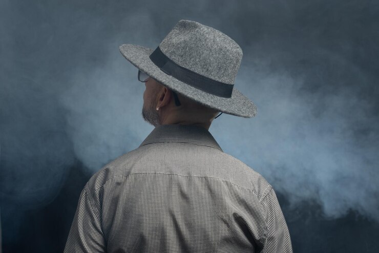 Foto retrato de um homem com barba e óculos de sol e chapéu com as costas para a câmera posando