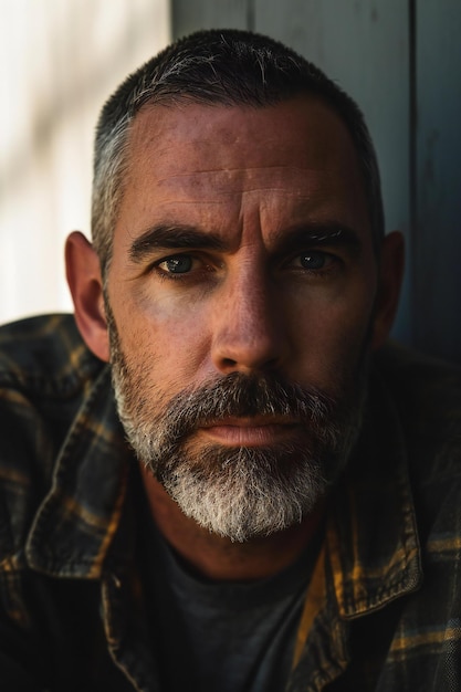 Foto retrato de um homem com barba em uma camisa a quadros