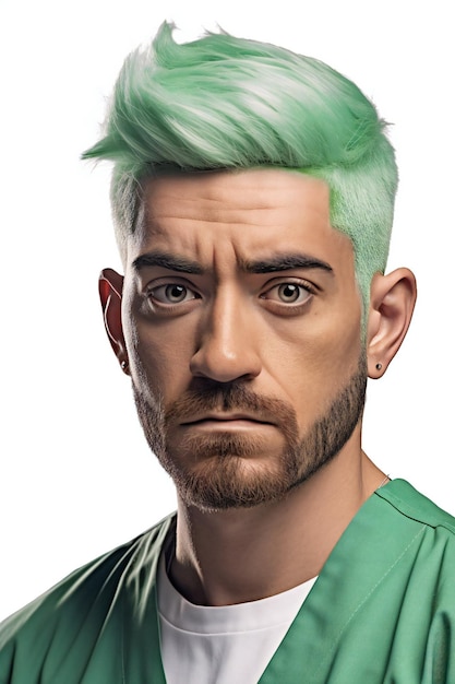 Retrato de um homem com cabelo verde em um fundo branco