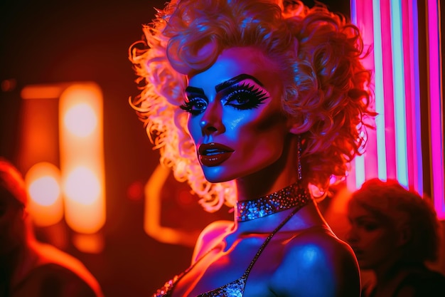 Retrato de um homem com maquiagem e maquiagem no rosto com batom estilo drag queen Generative AI