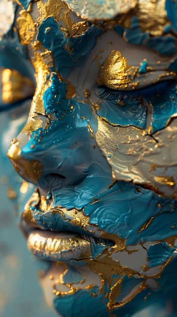 Retrato de um homem com pintura facial azul e dourada destacando detalhes intrincados e uma textura áspera que contrasta com a tinta azul lisa