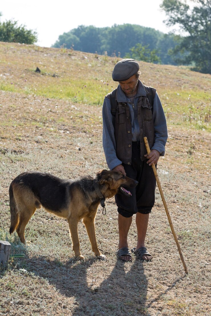 Foto retrato de um homem com um cão pastor de manhã cedo