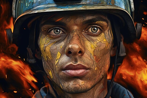 Retrato de um homem com um capacete com fogo no rosto