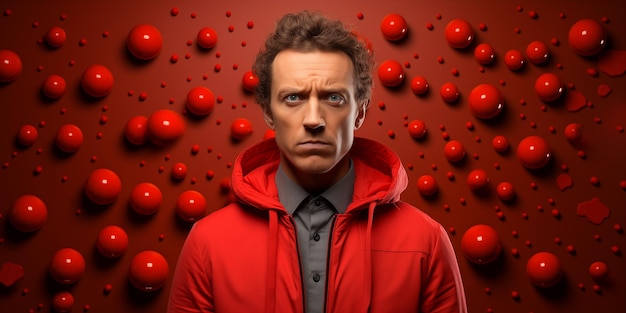 Retrato de um homem com um casaco vermelho e um chapéu de tricô contra o fundo de vírus