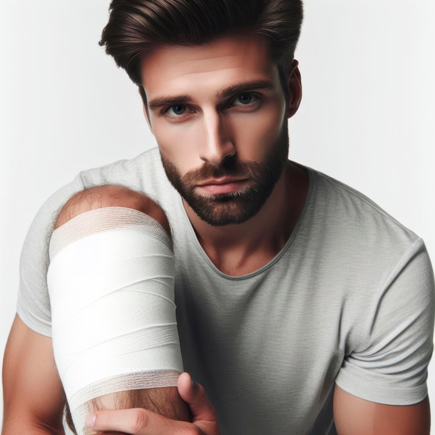 Retrato de um homem com uma bandagem branca na perna isolada em um fundo branco sólido ai generativo