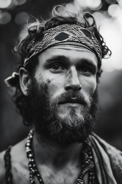 Retrato de um homem com uma longa barba e uma bandana na cabeça