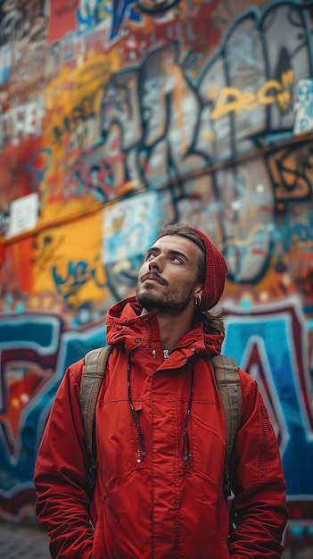 Foto retrato de um homem contra um fundo desfocado de graffiti na parede