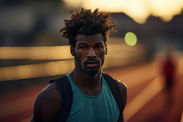 Retrato de um homem corredor no estádio de pista