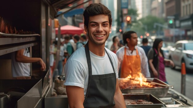 Retrato de um homem de 25 anos cozinhando em uma rua à luz do dia