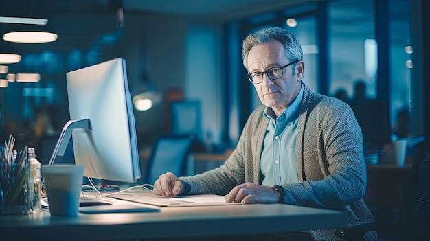 Retrato de um homem de cabelos grisalhos bem-sucedido com um empresário de barba trabalhando em um computador