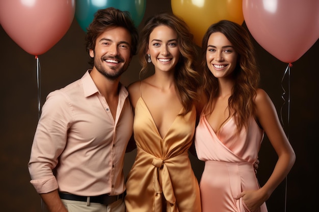 Retrato de um homem de camisa longa e duas mulheres de vestidos