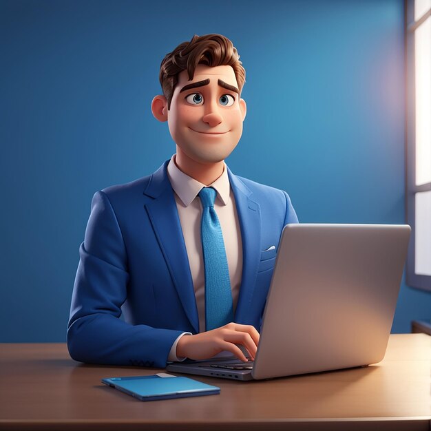Retrato de um homem de negócios bonito dos desenhos animados sobre fundo azul usa laptop para apresentação ilustração de renderização 3d