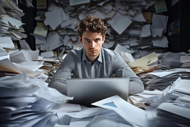 Retrato de um homem de negócios com uma pilha de papéis no escritório.