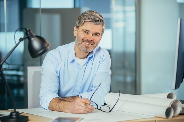 Retrato de um homem de negócios experiente trabalhando na mesa olhando para a câmera e sorrindo