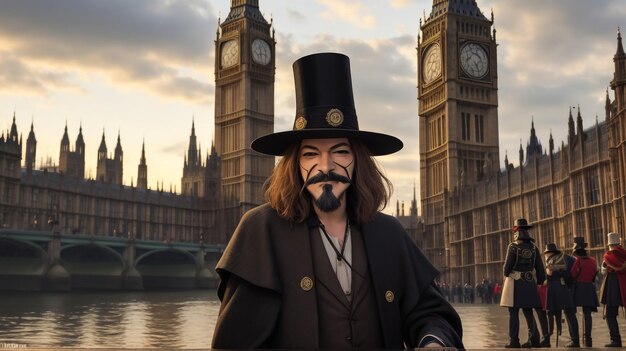 Foto retrato de um homem de terno elegante de pé em frente ao big ben, em londres