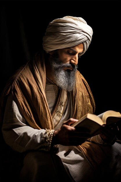 Foto retrato de um homem de turbante lendo um livro