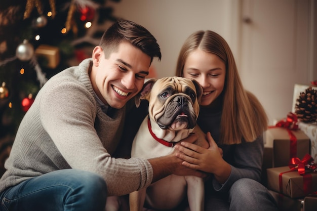 retrato de um homem e uma mulher abraçando um bonito bulldog conceito de animal de estimação