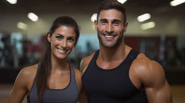 Retrato de um homem e uma mulher desportistas a treinar juntos num ginásio
