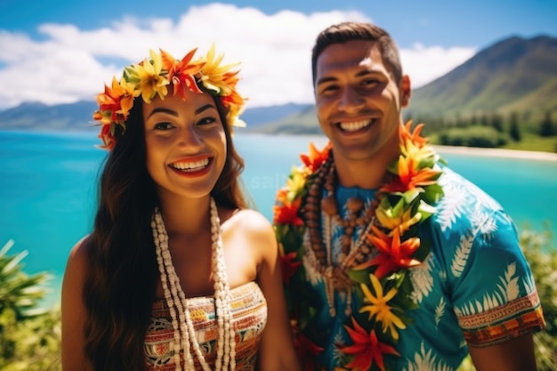 Foto retrato de um homem e uma mulher felizes em trajes nacionais em férias contra o fundo da natureza polinésia