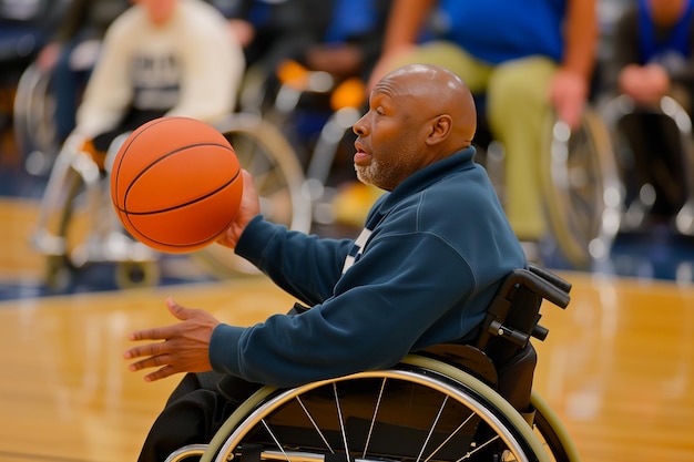 Retrato de um homem em cadeira de rodas jogando e desfrutando de basquete Exemplo de melhoria