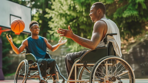 Retrato de um homem em cadeira de rodas jogando e desfrutando de basquete Exemplo de melhoria