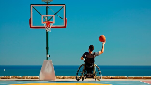 Retrato de um homem em cadeira de rodas jogando e desfrutando de basquete Exemplo de melhoria