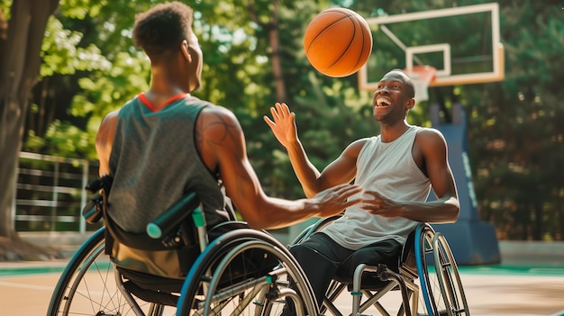 Retrato de um homem em cadeira de rodas jogando e desfrutando de basquete Exemplo de melhoria