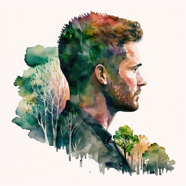Foto retrato de um homem em dupla exposição com árvores