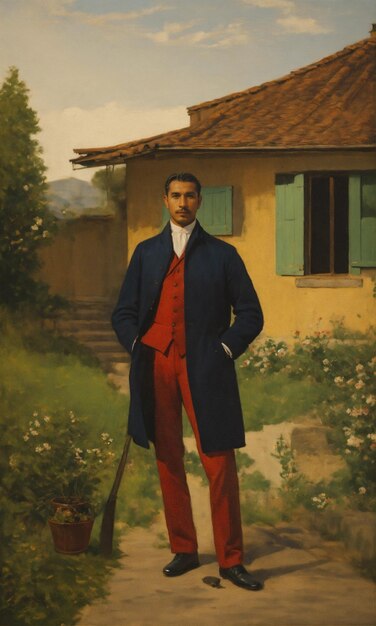 retrato de um homem em frente a uma casa olhando para a câmera