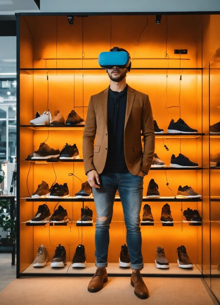 Retrato de um homem em uma loja de sapatos de ponta com avatares de realidade virtual ajudando os clientes Ambe