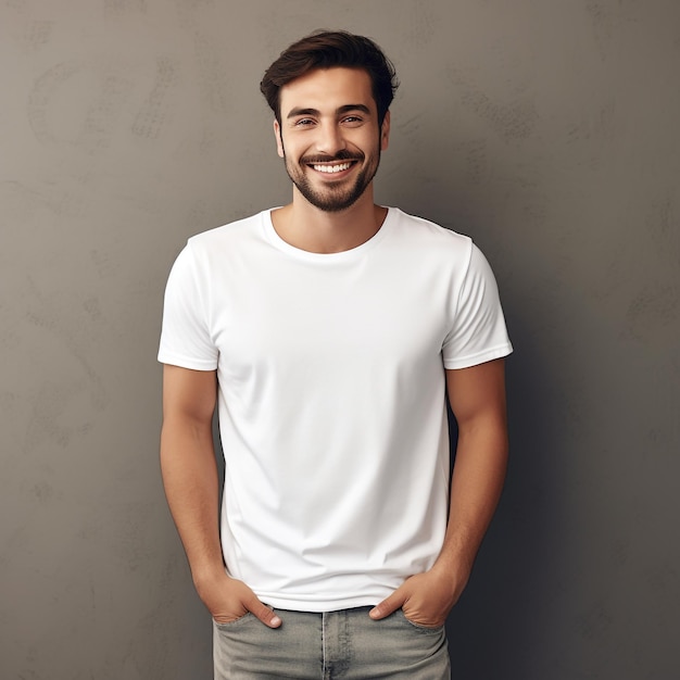 Retrato de um homem feliz com as mãos nos bolsos