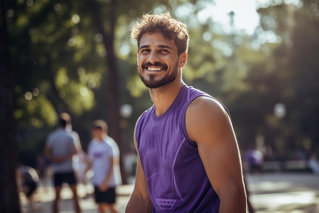 Retrato de um homem feliz com uma bola em uma quadra de basquete