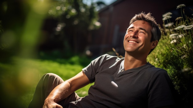 Retrato de um homem feliz e sorridente sentado na grama verde