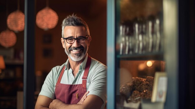 Retrato de um homem feliz parado na porta de sua loja Garçonete madura alegre esperando por clientes na cafeteria Proprietário de pequena empresa Generative Ai