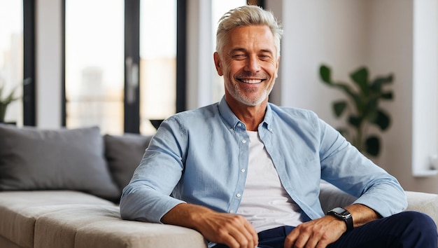 Retrato de um homem feliz praticando exercícios de relaxamento em casa em seu apartamento espaçoso e brilhante