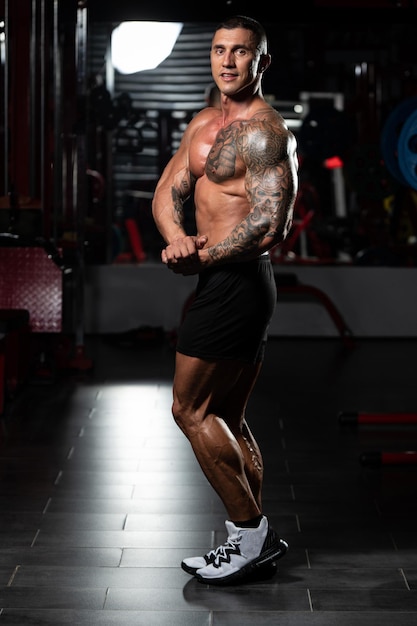 Retrato de um homem fisicamente apto, mostrando seu corpo bem treinado musculoso fisiculturista fitness modelo posando após exercícios