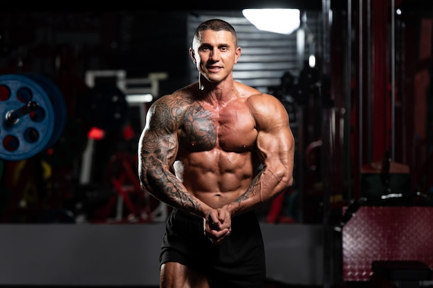 Retrato de um homem fisicamente apto, mostrando seu corpo bem treinado, musculoso, fisiculturista, fitness, modelo, posando após exercícios