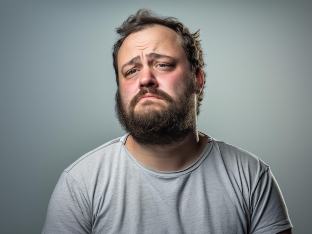 Foto retrato de um homem gordo com barba e bigode fazendo um rosto triste em um fundo cinza