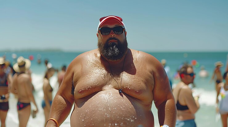 Foto retrato de um homem gordo com um boné e óculos com um torso nu na praia