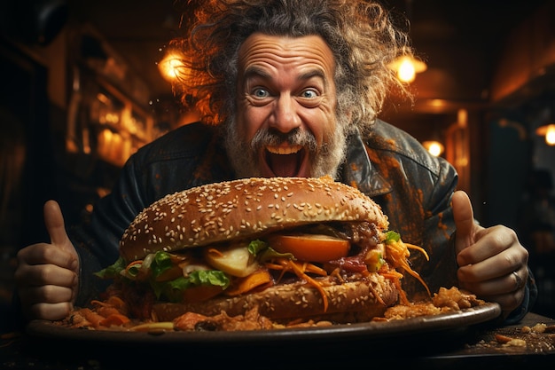 retrato de um homem gordo e engraçado comendo um hambúrguer grande e saboroso