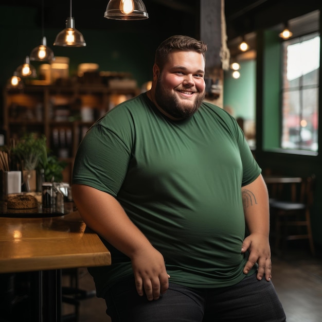 Retrato de um homem gordo sorridente com uma camiseta verde em um café