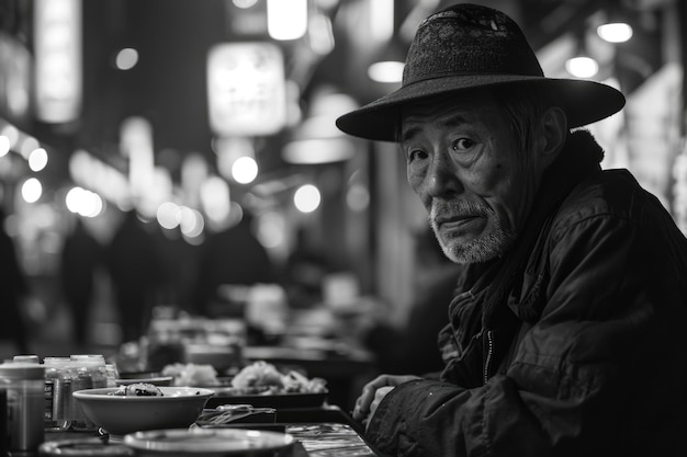 Retrato de um homem idoso asiático em uma rua da cidade à noite