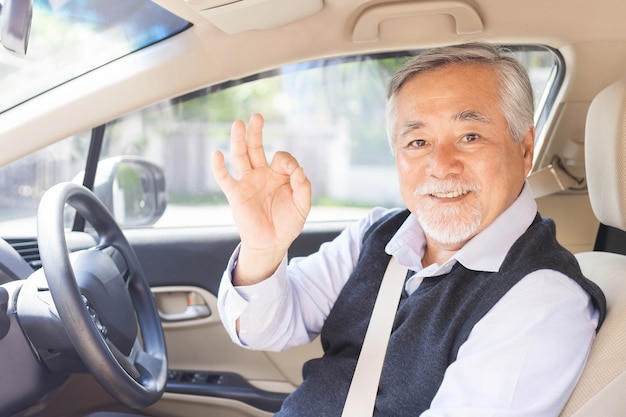 Retrato de um homem idoso asiático sorridente, um homem idoso, um homem idoso dirigindo um carro