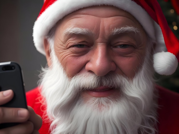 Retrato de um homem idoso com um chapéu de Papai Noel e um telemóvel