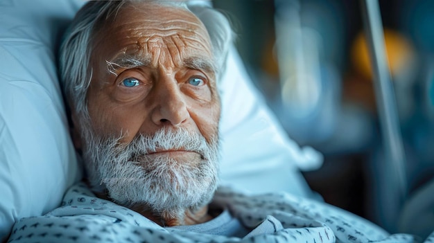 Retrato de um homem idoso doente deitado em uma cama de hospital e olhando para a câmera